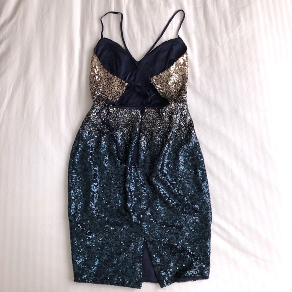 COCKTAIL STRAPPY BACKLESS NAVY TO GOLD OMBRE SEQUIN MINI DRESS - Picture 6 of 11